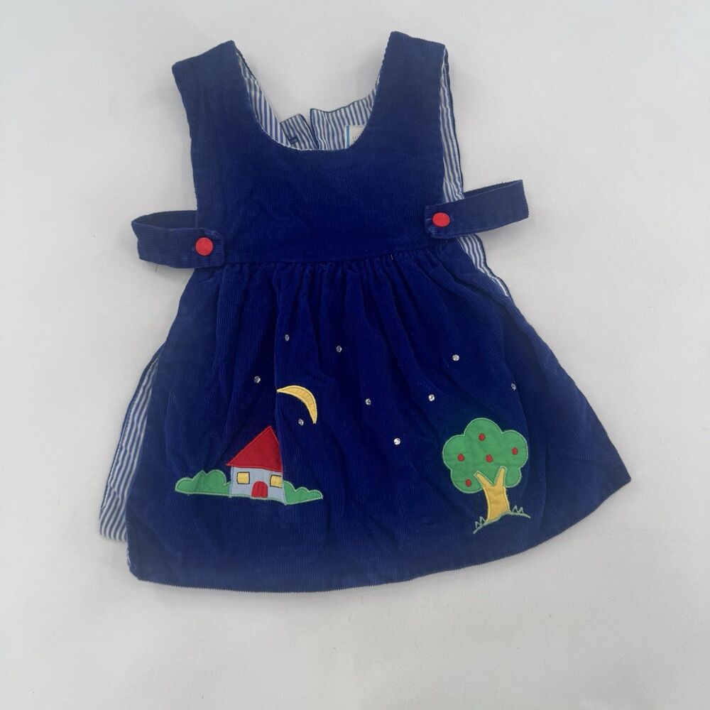 VTG Toddler 3 Girl Rainbow Embroidered Corduroy Overall Smock Pinafore Dress